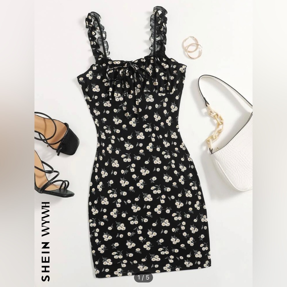 SHEIN WYWH Frilled Strap Tie Front Ruched Bust Daisy Floral Dress